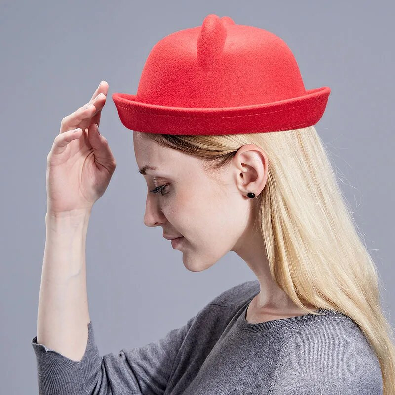 Sügistalvised naised Fedora mütsid Vintage kunstvillane soe pehme ihne äärega ämbrikübarad mütsid armsad kassikõrvad printsesskübara kuppel