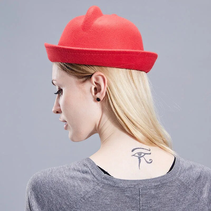 Sügistalvised naised Fedora mütsid Vintage kunstvillane soe pehme ihne äärega ämbrikübarad mütsid armsad kassikõrvad printsesskübara kuppel