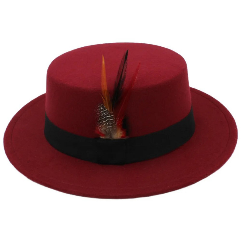 Ziemas rudens sievietēm plakana Homburg Fedora cepure ziemai rudens eleganta dāma vilnas cūkgaļas pīrāgs Chapeu laivotāja cepure modes spalva