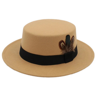 Ziemas rudens sieviešu plakana Fedora cepure elegantai dāmu vilnas cūkgaļas pīrāga Boater Sombrero Mujer cepure ar spalvu fascinējošām cepurēm