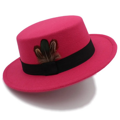 Ziemas rudens sieviešu plakana Fedora cepure elegantai dāmu vilnas cūkgaļas pīrāga Boater Sombrero Mujer cepure ar spalvu fascinējošām cepurēm