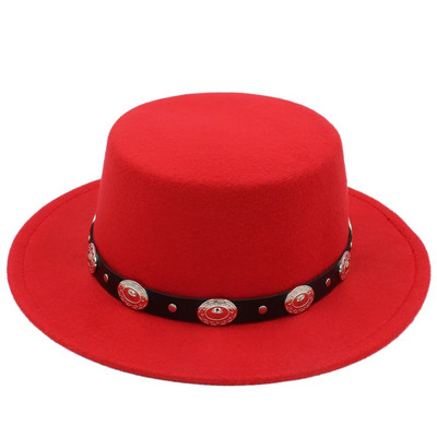 Modes vilnas sieviešu plakana Homburg Fedpra cepure ziemas rudens eleganta dāmu cepure Vilnas cūkgaļas pīrāga laivotāja cepure ar panku jostu