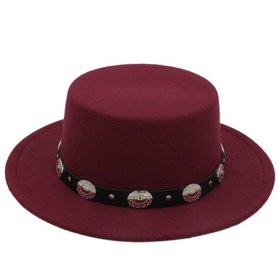 Modes vilnas sieviešu plakana Homburg Fedpra cepure ziemas rudens eleganta dāmu cepure Vilnas cūkgaļas pīrāga laivotāja cepure ar panku jostu