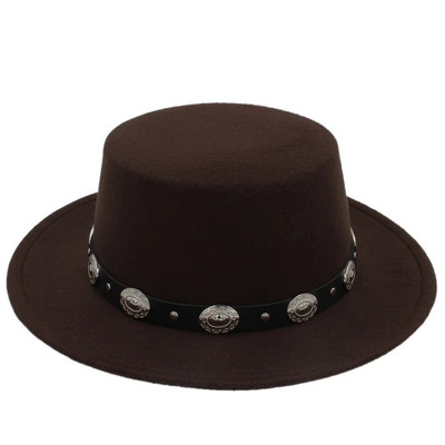 Modes vilnas sieviešu plakana Homburg Fedpra cepure ziemas rudens eleganta dāmu cepure Vilnas cūkgaļas pīrāga laivotāja cepure ar panku jostu