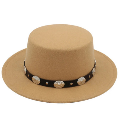 Modes vilnas sieviešu plakana Homburg Fedpra cepure ziemas rudens eleganta dāmu cepure Vilnas cūkgaļas pīrāga laivotāja cepure ar panku jostu