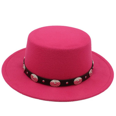 Modes vilnas sieviešu plakana Homburg Fedpra cepure ziemas rudens eleganta dāmu cepure Vilnas cūkgaļas pīrāga laivotāja cepure ar panku jostu