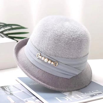Νέο μοντέρνο καπέλο χειμωνιάτικο ζεστό κουβά για γυναίκες μονόχρωμο Fedoras Κομψά βελούδινα καπάκια λεκάνης με μαργαριταρένια ντεκόρ με αξεσουάρ επικάλυψης