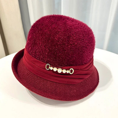 Új divatos téli meleg vödörsapka nőknek egyszínű Fedoras elegáns plüss mosdósapkák Pearl Decor Colthing kiegészítőkkel