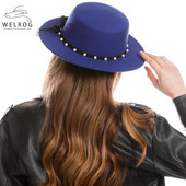 WELRG Sieviešu ziemas platām malām mākslīgās vilnas filcs Džeza Fedora cepures Panamas stila dāmas Fedoras cepures modes rudens pērles kovboju cepures