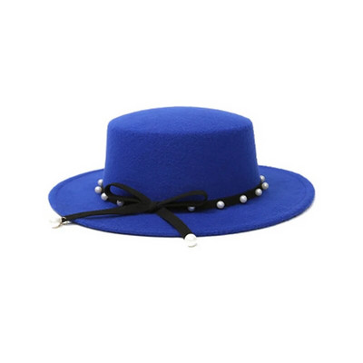 WELRG Sieviešu ziemas platām malām mākslīgās vilnas filcs Džeza Fedora cepures Panamas stila dāmas Fedoras cepures modes rudens pērles kovboju cepures