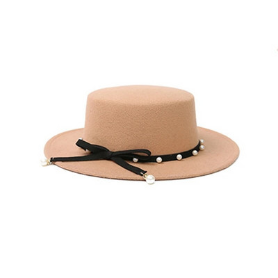 WELRG Sieviešu ziemas platām malām mākslīgās vilnas filcs Džeza Fedora cepures Panamas stila dāmas Fedoras cepures modes rudens pērles kovboju cepures