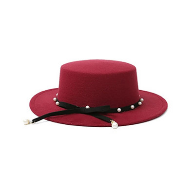 WELRG Sieviešu ziemas platām malām mākslīgās vilnas filcs Džeza Fedora cepures Panamas stila dāmas Fedoras cepures modes rudens pērles kovboju cepures