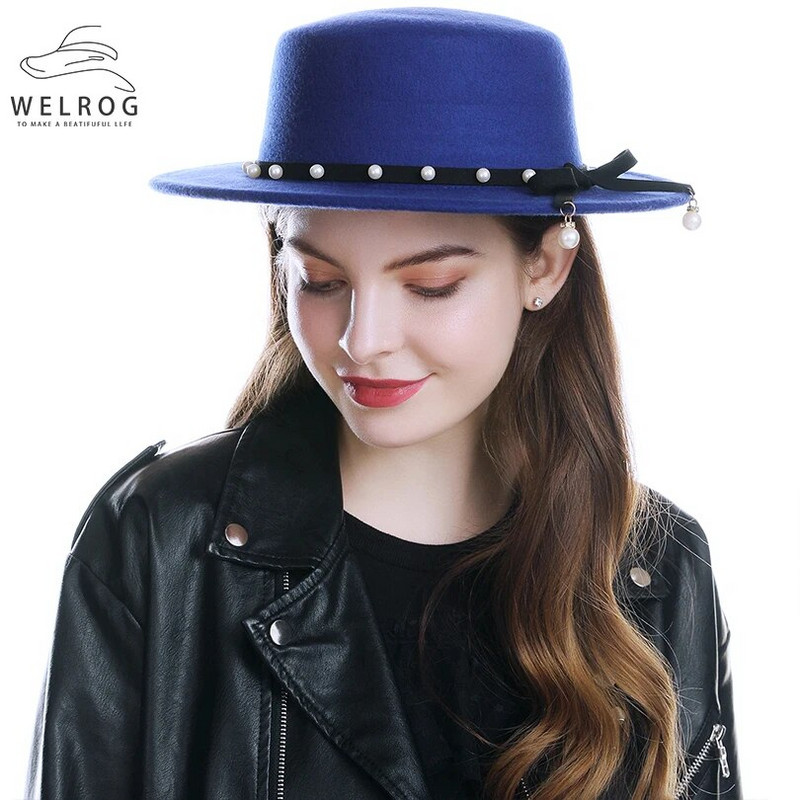 WELRG Sieviešu ziemas platām malām mākslīgās vilnas filcs Džeza Fedora cepures Panamas stila dāmas Fedoras cepures modes rudens pērles kovboju cepures