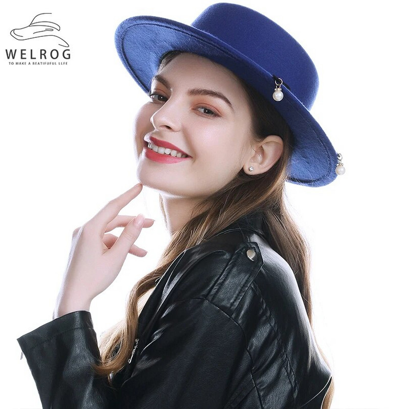WELRG Sieviešu ziemas platām malām mākslīgās vilnas filcs Džeza Fedora cepures Panamas stila dāmas Fedoras cepures modes rudens pērles kovboju cepures