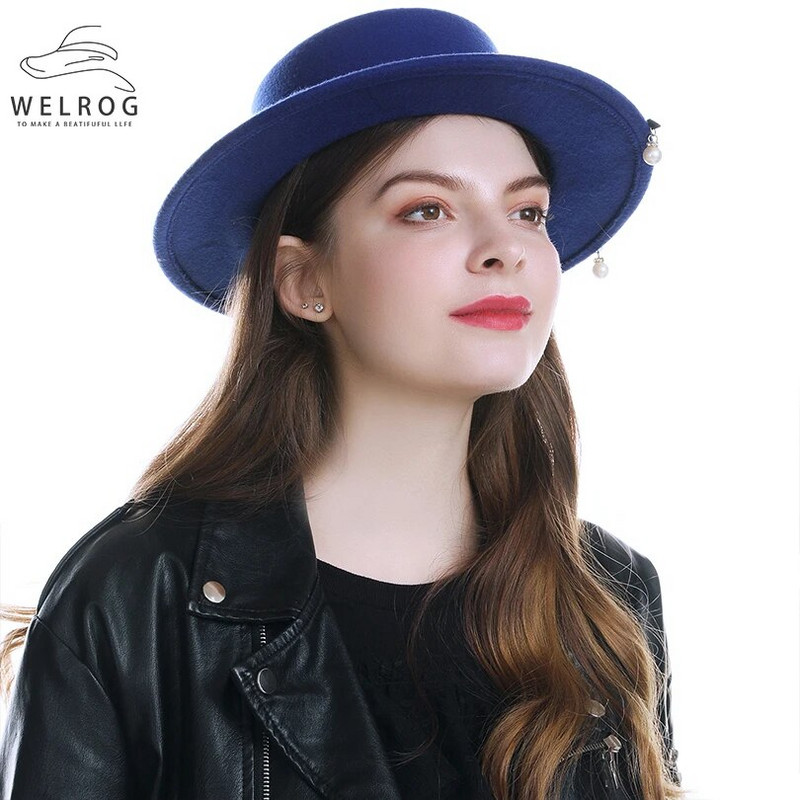 WELRG Sieviešu ziemas platām malām mākslīgās vilnas filcs Džeza Fedora cepures Panamas stila dāmas Fedoras cepures modes rudens pērles kovboju cepures