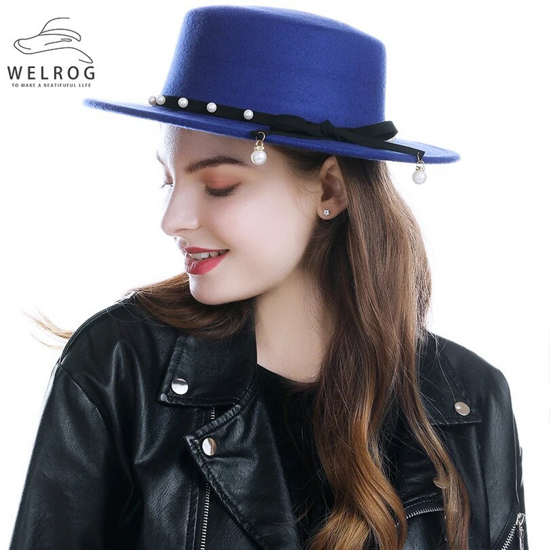 WELRG Sieviešu ziemas platām malām mākslīgās vilnas filcs Džeza Fedora cepures Panamas stila dāmas Fedoras cepures modes rudens pērles kovboju cepures