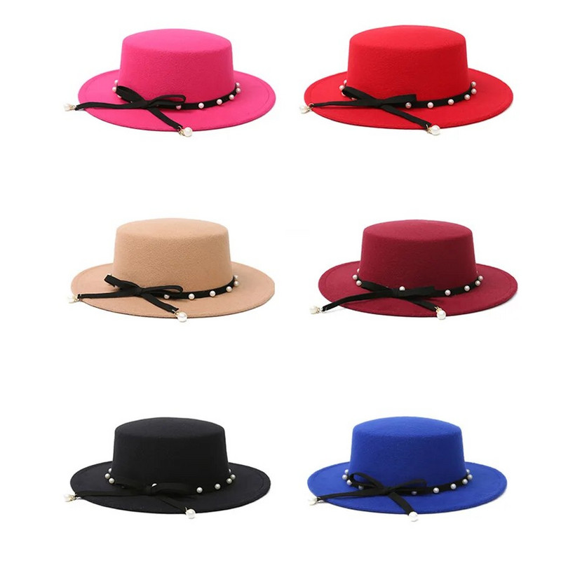 WELRG Sieviešu ziemas platām malām mākslīgās vilnas filcs Džeza Fedora cepures Panamas stila dāmas Fedoras cepures modes rudens pērles kovboju cepures