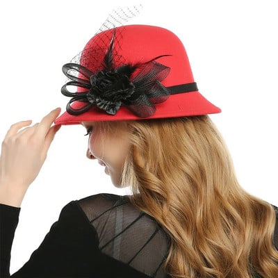WELRG plīvura spalva Fedora cepure Vilna filcs Džeza cepure ziemas rudens dāmu ziedi Fedora cepure sievietēm samta baznīcas kāzu cepures