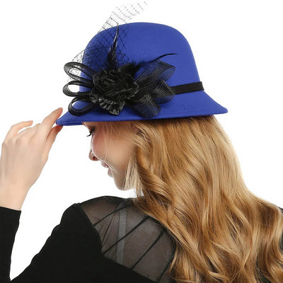 WELRG plīvura spalva Fedora cepure Vilna filcs Džeza cepure ziemas rudens dāmu ziedi Fedora cepure sievietēm samta baznīcas kāzu cepures