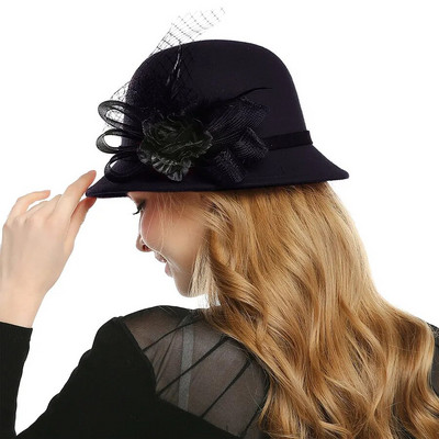 WELRG plīvura spalva Fedora cepure Vilna filcs Džeza cepure ziemas rudens dāmu ziedi Fedora cepure sievietēm samta baznīcas kāzu cepures