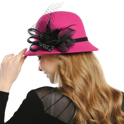 WELRG plīvura spalva Fedora cepure Vilna filcs Džeza cepure ziemas rudens dāmu ziedi Fedora cepure sievietēm samta baznīcas kāzu cepures