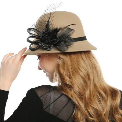 WELRG plīvura spalva Fedora cepure Vilna filcs Džeza cepure ziemas rudens dāmu ziedi Fedora cepure sievietēm samta baznīcas kāzu cepures