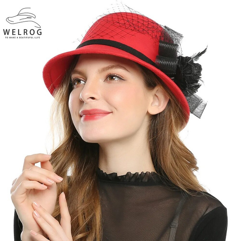 WELRG plīvura spalva Fedora cepure Vilna filcs Džeza cepure ziemas rudens dāmu ziedi Fedora cepure sievietēm samta baznīcas kāzu cepures