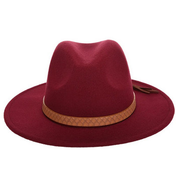 2019 Зимни елегантни дамски филцови вълнени шапки Fedora от PU кожена лента с широка плоска периферия Джаз шапки Стилни панамски шапки