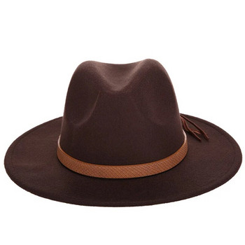 2019 Зимни елегантни дамски филцови вълнени шапки Fedora от PU кожена лента с широка плоска периферия Джаз шапки Стилни панамски шапки