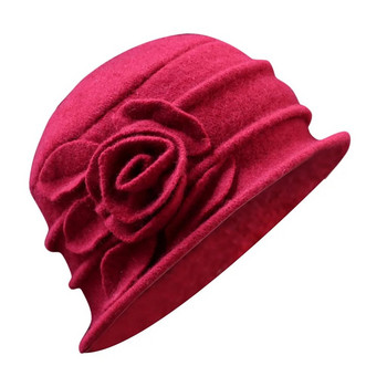 Елегантна дамска вълнена шапка Зимна топла шапка с кофа с цветя Дамска шапка с винтидж едноцветно боне