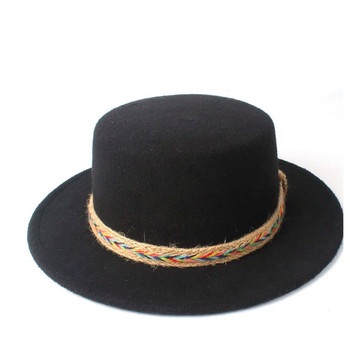 Дамска вълнена шапка Fedora с плосък връх Елегантна дамска зимна църковна шапка с широка периферия Шапка тип чаровник за пътуване на открито Ежедневна шапка с размер 56-58CM