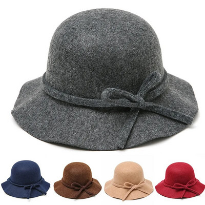 Pălării de iarnă pentru femei Pălărie fedora vintage rotundă Căciulă de bazin de lână de toamnă și iarnă Căciuli de top casual versatile cu bowknot somberos