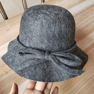 Naiste talvemütsid Vintage ümmargune fedora müts Sügis- ja talvevillane kraanikauss Bowknot vabaaja mitmekülgsed somberos topskübarad