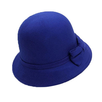 Γυναικείο μάλλινο καπέλο Fedora Καπέλο βρετανικής λεκάνης Φθινοπωρινό, χειμερινό κομψό καπέλο γάμου με φιόγκο, ρετρό μονόχρωμο καπέλο ζεστού κουβά για αυτιά
