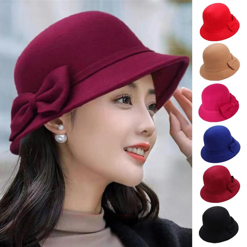 Sieviešu vilnas Fedora cepure Britu baseina cepure Rudens ziema Eleganta Kāzu Bow Top Cepure Retro vienkrāsains ausu sildītājs kausa vāciņi