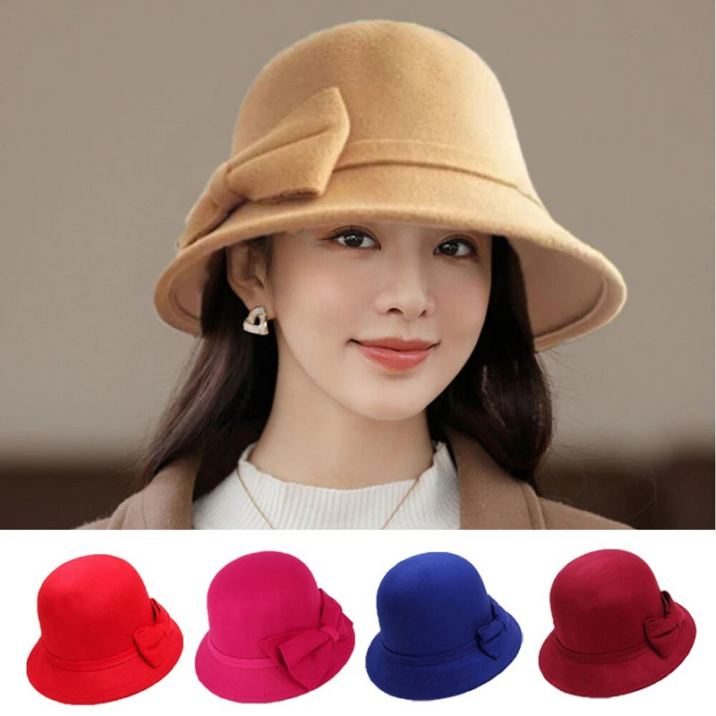 Sieviešu vilnas Fedora cepure Britu baseina cepure Rudens ziema Eleganta Kāzu Bow Top Cepure Retro vienkrāsains ausu sildītājs kausa vāciņi