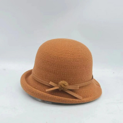 Rudens un ziemas sievietes Fedoras kupolveida kokvilnas cepures 56-58 cm mazas kažokādas bumbas dekorācijas ar izliektām malām augšējās cepures franču stilā