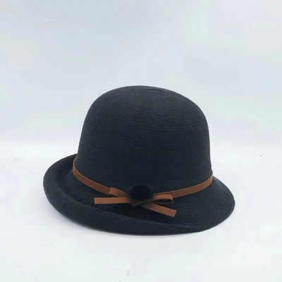 Rudens un ziemas sievietes Fedoras kupolveida kokvilnas cepures 56-58 cm mazas kažokādas bumbas dekorācijas ar izliektām malām augšējās cepures franču stilā