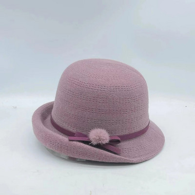 Rudens un ziemas sievietes Fedoras kupolveida kokvilnas cepures 56-58 cm mazas kažokādas bumbas dekorācijas ar izliektām malām augšējās cepures franču stilā