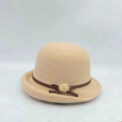 Rudens un ziemas sievietes Fedoras kupolveida kokvilnas cepures 56-58 cm mazas kažokādas bumbas dekorācijas ar izliektām malām augšējās cepures franču stilā