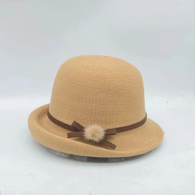 Rudens un ziemas sievietes Fedoras kupolveida kokvilnas cepures 56-58 cm mazas kažokādas bumbas dekorācijas ar izliektām malām augšējās cepures franču stilā