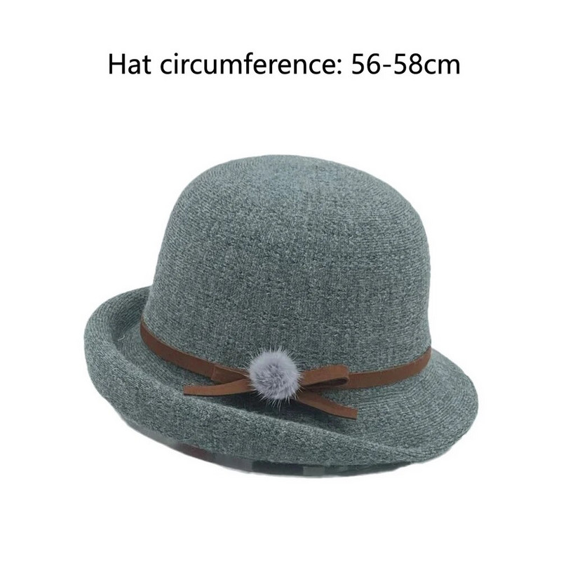 Rudens un ziemas sievietes Fedoras kupolveida kokvilnas cepures 56-58 cm mazas kažokādas bumbas dekorācijas ar izliektām malām augšējās cepures franču stilā