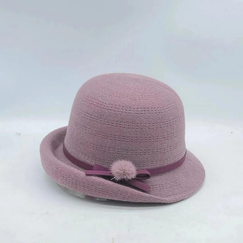Rudens un ziemas sievietes Fedoras kupolveida kokvilnas cepures 56-58 cm mazas kažokādas bumbas dekorācijas ar izliektām malām augšējās cepures franču stilā