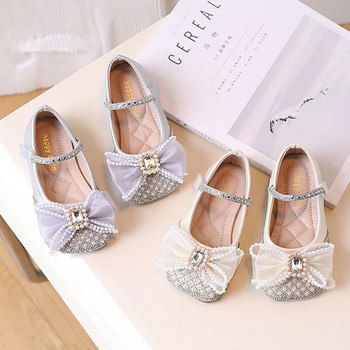 Girls Bling Mary Jane Shoes for Baby Flats Pearl Crystal Boat Shoes Детски сватбени обувки Sliver Slip on Princess Shose 165L