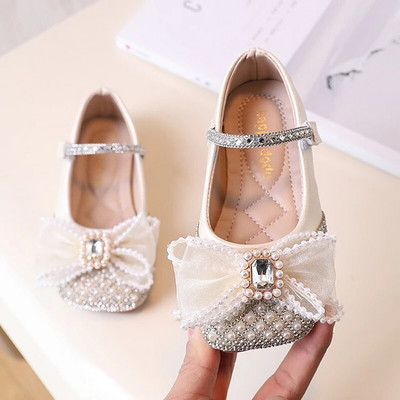 Girls Bling Mary Jane Shoes for Baby Flats Pearl Crystal Boat Shoes Детски сватбени обувки Sliver Slip on Princess Shose 165L