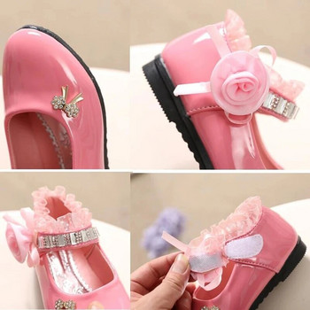 Детска обувка 2023 г. Нова обувка за цветя за момиче Пролет Есен Обувка от PU кожа с дантела на принцеса Сладък бантик със страз за 3-11 възраст Обувка за малко дете