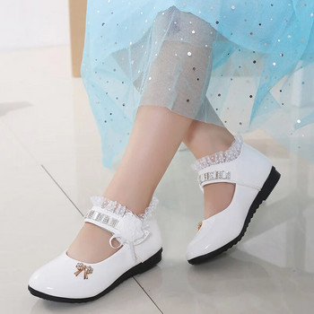 Детска обувка 2023 г. Нова обувка за цветя за момиче Пролет Есен Обувка от PU кожа с дантела на принцеса Сладък бантик със страз за 3-11 възраст Обувка за малко дете