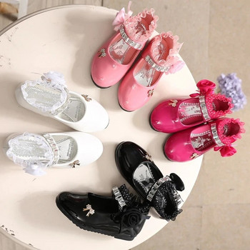 Παιδικό παπούτσι 2023 Νέο λουλούδι παπούτσι για κορίτσι άνοιξη φθινόπωρο Princess Lace PU Δερμάτινο παπούτσι Χαριτωμένο παπιγιόν στρας για 3-11 ηλικίες για νήπια