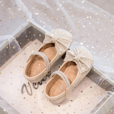 Meiteņu Bling ādas apavi ar fliteriem audumu Mary Janes bērniem, plakanie loki kāzu apavi bērniem princešu deju kleitu apavi 420L