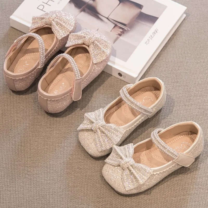 Meiteņu Bling ādas apavi ar fliteriem audumu Mary Janes bērniem, plakanie loki kāzu apavi bērniem princešu deju kleitu apavi 420L
